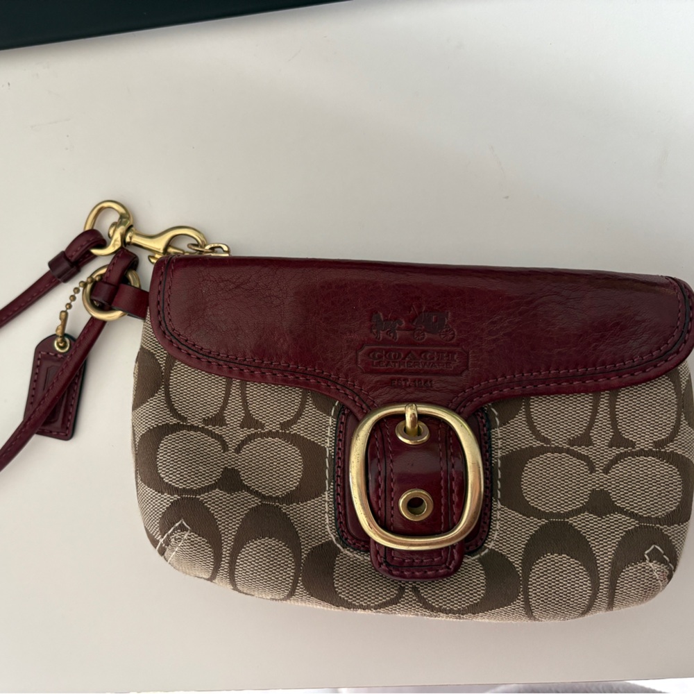 Coach Burgundy and Tan Signature Wristlet